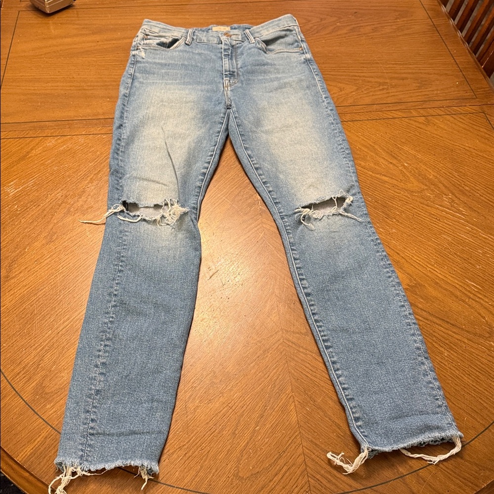 MOTHER Light Blue High Rise Cropped Ripped Jeans - Picture 2 of 11